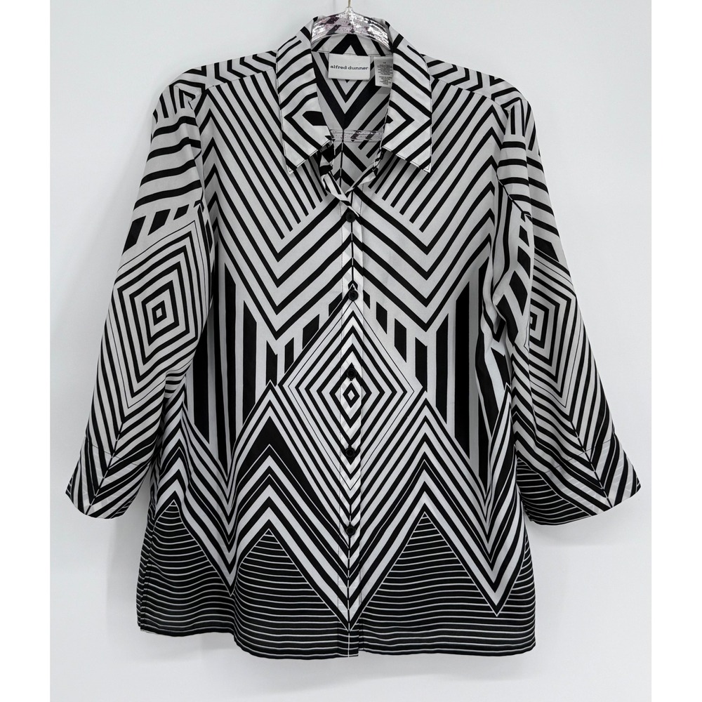 Alfred Dunner Womens Black White Geometric Illusion 3/4 Sleeve Blouse Sz 12